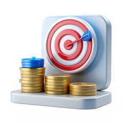 Aiming for financial success: a 3D dart hitting the bullseye of a target coin, symbolizing accurate investment goals