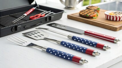 Set of grilling tools with an American flag theme displayed on a white table.