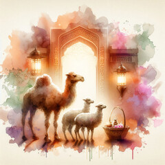 Eid Mubarak Celebration with Camels and Sheep