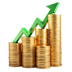 Golden coins stacked on a business graph with an upward arrow symbolizing financial growth and investment success in the banking market