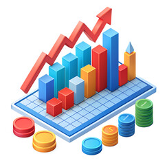 3D business bar graph showing financial market growth with upward arrow, gold coins, and dollar signs illustrating investment success and profit