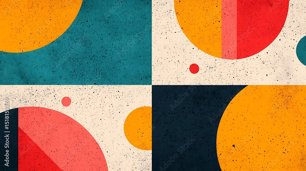 Poster bold geometric shapes in vibrant colors create a retro, abstract art composition with circles and te