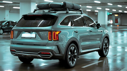 Modern SUV in Parking Garage with Roof Rack for Outdoor Adventure Gear Storage