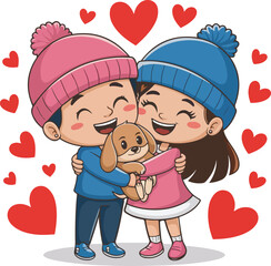 Cute cartoon couple hugging a puppy amidst hearts and balloons.