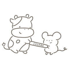 今年の干支のバトンを丁寧に渡すネズミと受け取るウシ　白黒