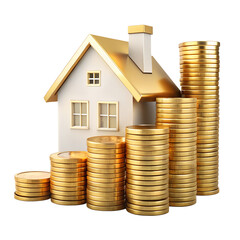 Real estate concept with house, money, and coins representing investment, finance, and growth in the housing market
