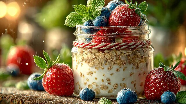 A jar of yogurt and oats topped with strawberries, blueberries, and mint leaves is sprinkled with sugar, captured in soft glowing light