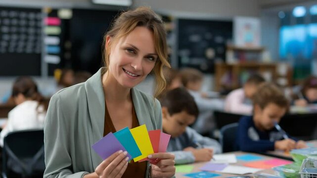 Engaging Teacher Uses Colorful Math Flashcards for Active Learning