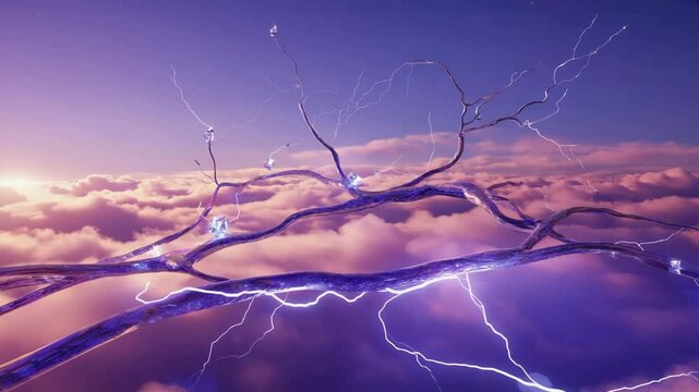An abstract energy conduit with glowing nodes emits electrical arcs above dramatic purple clouds