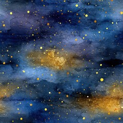Seamless watercolor pattern featuring deep blue and gold hues with scattered golden dots, creating a celestial atmosphere for artistic and design applications
