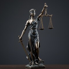 Full shot of bronze Lady Justice statue, blindfolded woman symbolizing justice, detailed and high quality composition