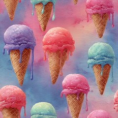 Colorful seamless pattern featuring ice cream cones with vibrant scoops in pink, blue, and purple hues, set against a soft watercolor background, ideal for summer-themed designs