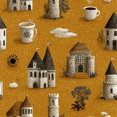 Seamless pattern featuring whimsical houses, trees, coffee cups, and sun motifs on a textured orange background, perfect for creative design projects and textile applications