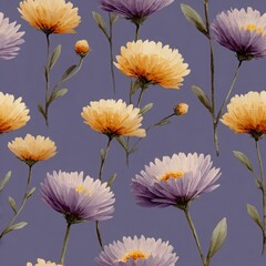 Seamless floral pattern featuring vibrant yellow and purple flowers with green leaves on a rich purple background, perfect for textile design and creative projects