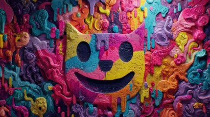 Vibrant Dripping Abstract Emojis Mural With Playful Multicolored Cat Face Art
