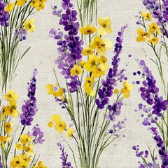 Vibrant floral seamless pattern featuring yellow and purple flowers with green stems on a textured background, perfect for fabric design and home decor projects