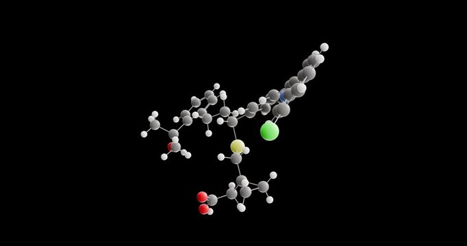 Montelukast molecule, rotating 3D model of leukotriene modifiers, looped video on a black background
