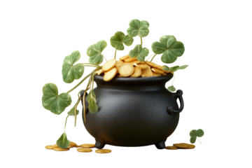 PNG Black cauldron filled with gold coins and four-leaf clovers on black background