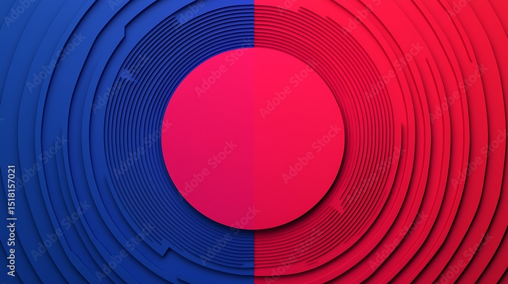 Poster a vibrant abstract image featuring concentric circles split into blue and red halves, with a central