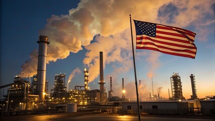 A majestic American flag waves proudly in front of an active industrial plant at dusk.