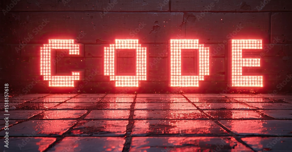 Poster red illuminated word code displayed on tiled floor against brick wall. dramatic lighting creates int
