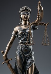 Full shot of bronze Lady Justice statue, blindfolded woman symbolizing justice, detailed and high quality composition