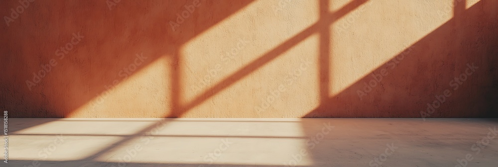 Poster sunlight streams through a window, casting geometric shadows on a textured beige wall and floor in a