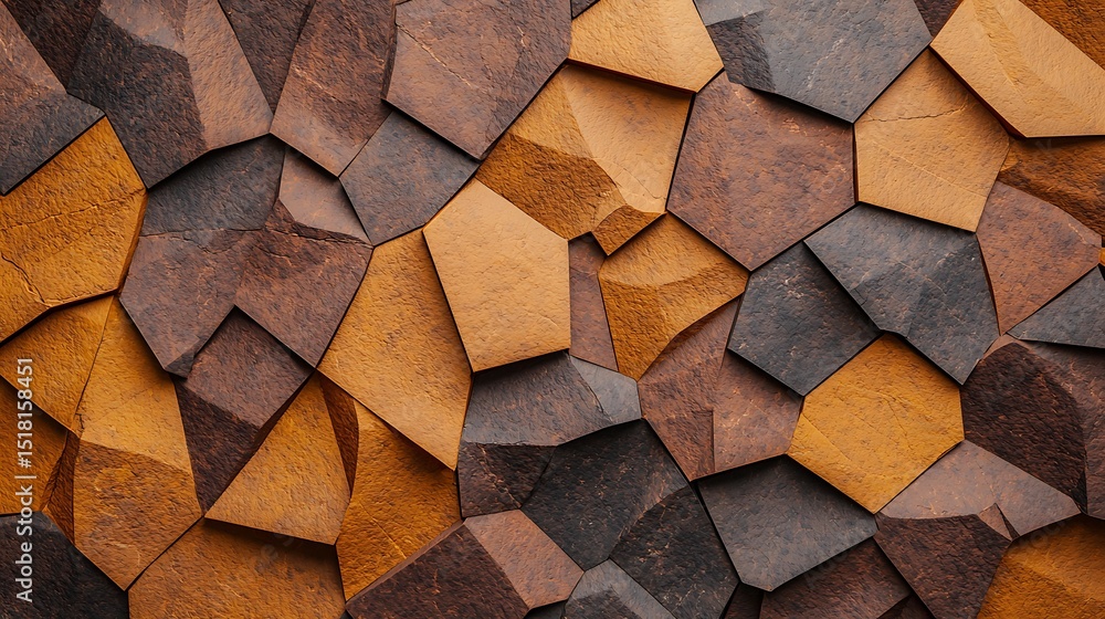 Poster abstract geometric pattern with irregular, multi-colored stone tiles in shades of brown and orange, 