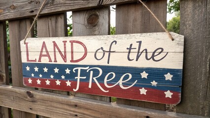A weathered wooden sign, adorned with patriotic colors, proclaims "Land of the Free".
