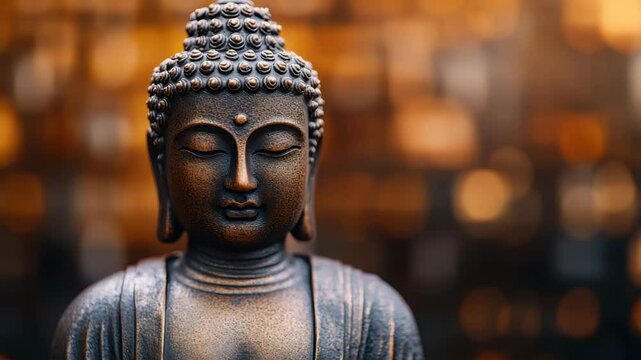 Calm Buddha statue meditation figure spiritual sculpture peaceful serene expression textured surface warm background bokeh with closed eyes symbolizing peace and meditation spiritual setting bronze