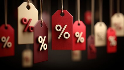 Red and beige hanging tags with percentage symbols, representing discounts or sales, arranged against a dark background.