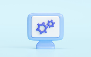 3d Computer monitor cartoon with gear isolated on blue background. minimal design, 3d illustration render.