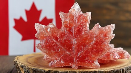 A red maple leaf cookie on a wooden plate with sugar crystals, Canadian flag bunting behind; celebrating Canada Day with sweet tradition.