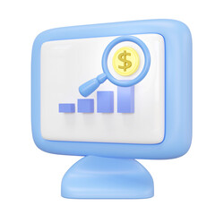 3D computer monitor with magnifying glass, dollar coin, bar graph isolated. Ideal for web analytics, social media concepts. Represents internet, digital communication, 3d render illustration