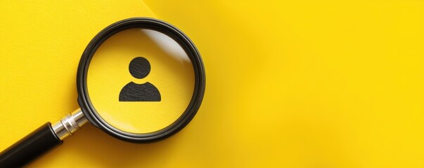 A magnifying glass focuses on a user icon against a bright yellow background, symbolizing search or profile identification.