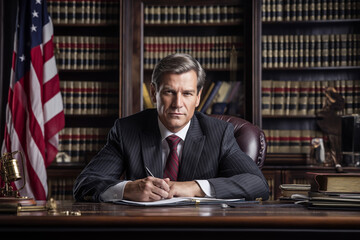 Middle-aged male attorney sitting at a polished wooden desk with American flag and law books behind, formal and authoritative look.