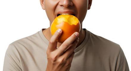 Delicious Juicy Fruit A Man Taking a Big Bite of a Fresh Orange, isolated on white or transparent background