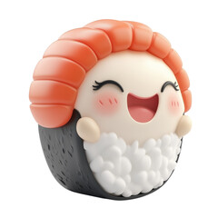 Cute sushi mascot with orange topping, closed eyes, blushing cheeks, and joyful smile, wrapped in seaweed and rice, expressing happiness and playfulness
