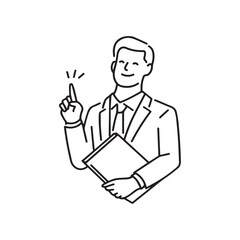 A businessman in a suit emphasizing a point, a businessman raising his hand with an index finger pointed upwards to emphasize a point, line art of a businessman