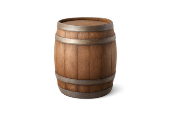 Traditional wooden barrel with metal hoops, rustic brown finish, cylindrical shape used for storage or decoration, isolated on a transparent background