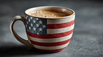 Close-up of a coffee mug featu an American flag design filled with rich coffee resting on a textured dark gray surface creating a cozy atmosphere