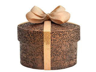A festive gift box with intricate patterns and a shiny bow, isolated on a white background