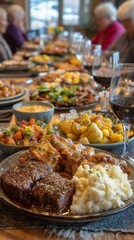 Fototapeta premium Hearty Roasted Meat Dinner with Mashed Potatoes and Vegetables