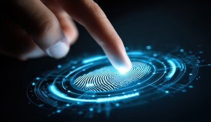 A finger touches a digital fingerprint scanner surrounded by glowing blue light, symbolizing biometric security technology.