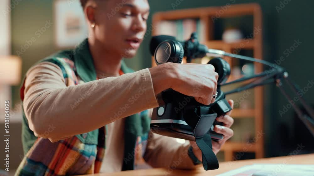 Poster live streaming, mic and man with vr headset for product review, build quality or show features. virt
