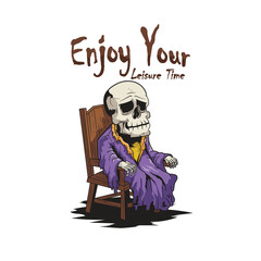 Skull cartoon relaxing on a chair, illustration for t-shirt, sticker or clothing item. With modern pop and retro style.