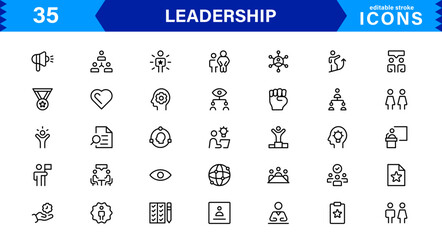 Leadership Icon Set Representing Authority, Teamwork, Strategy, Motivation, and Vision in a Minimalist, Professional, and Marketable Vector Format