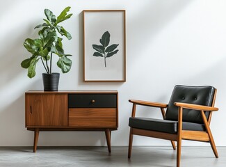 Mid-century modern interior featuring a wooden sideboard, a black leather armchair, a fiddle-leaf fig plant, 
