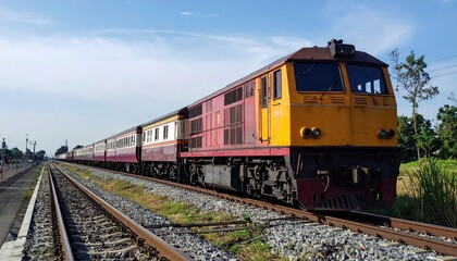 Fototapeta premium Long distance train on railway tracks approaches with travel opportunity