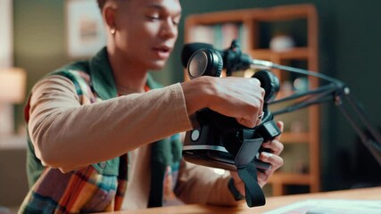 Live streaming, mic and man with vr headset for product review, build quality or show features. Virtual reality goggles, talk and content creator with tech for broadcast or social media promo at home